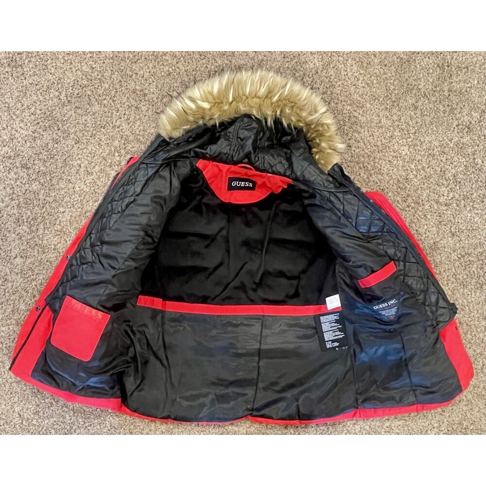 GUESS Womens Red Heavyweight Puffer Jacket Parka Coat Faux Fur Hood Size XL - Picture 2 of 6